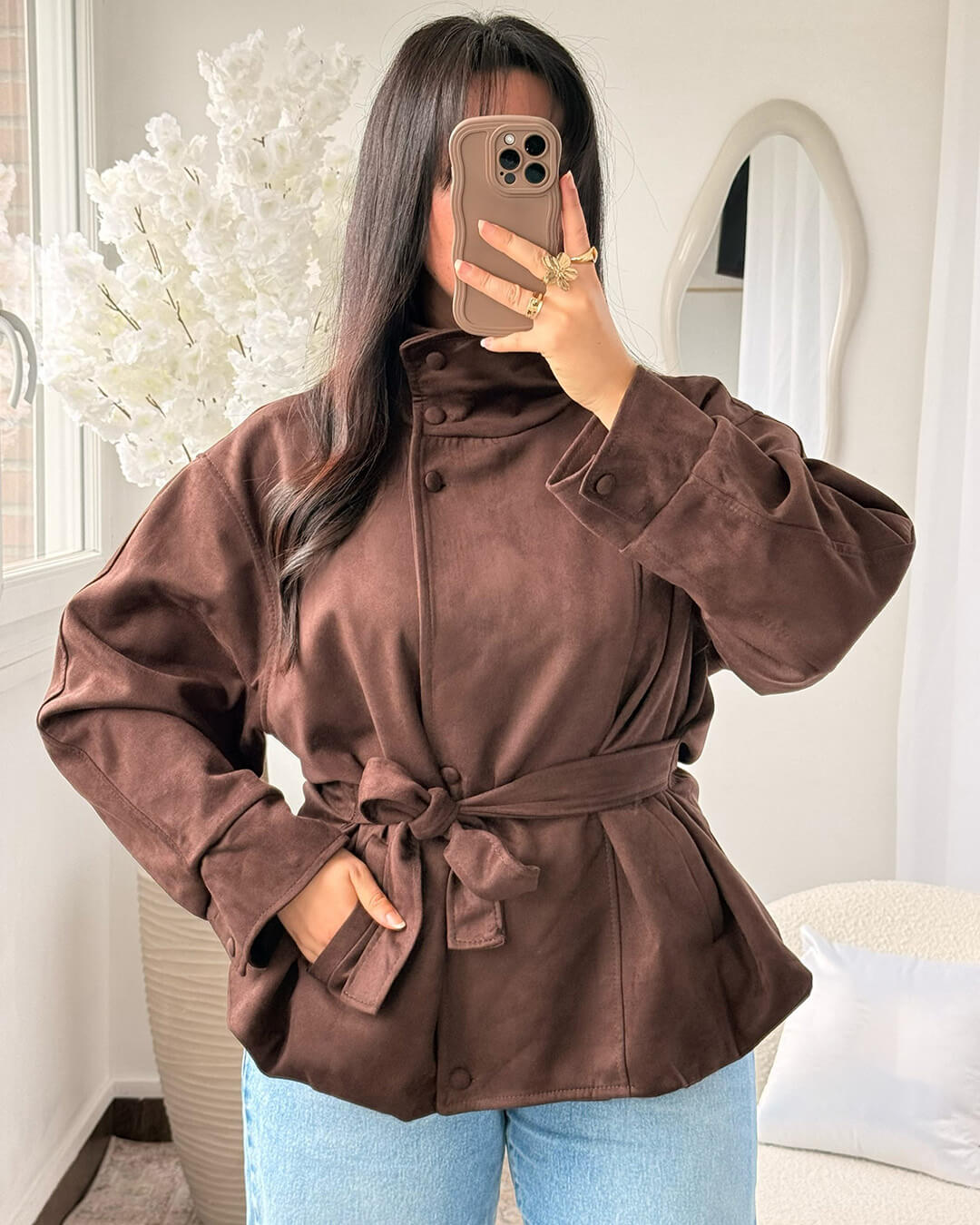 SOERA Amanda Funnel Faux Suede Trench Coat - Coat - SOERA-068547-BRO-L-84515 Brown L