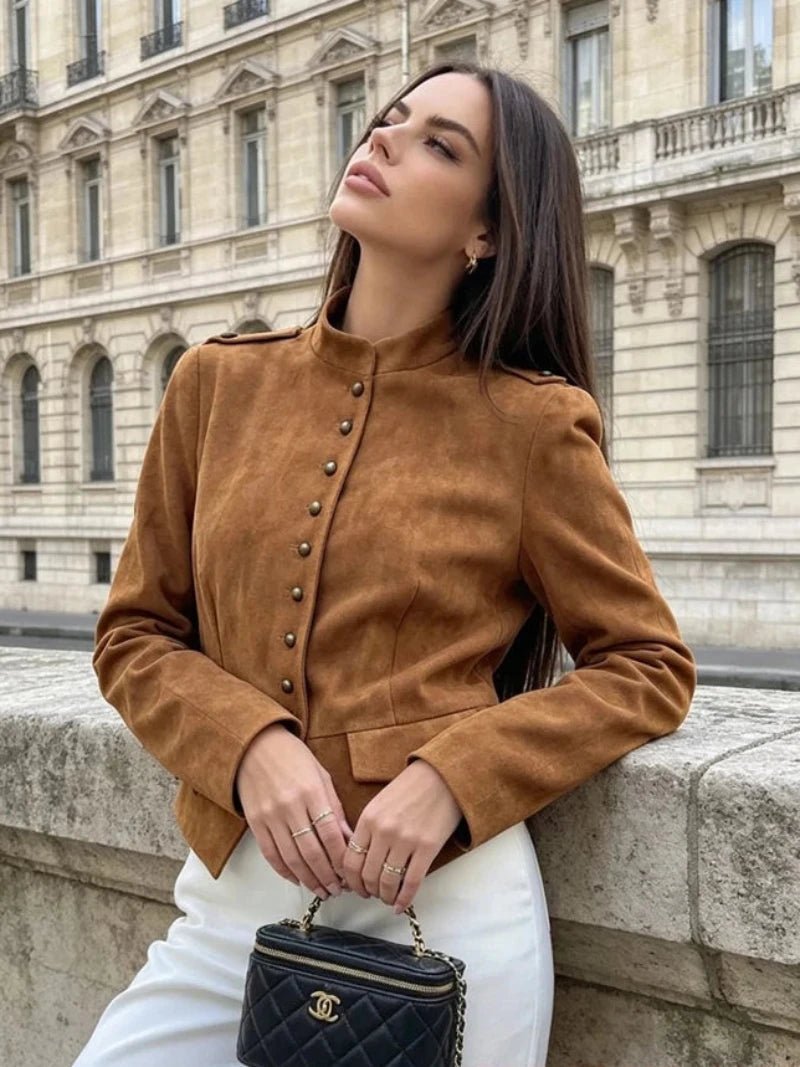 SOERA Nadia Faux Suede Button Cropped Coat - Coat - SOERA-747203-1-L-14051 Brown L