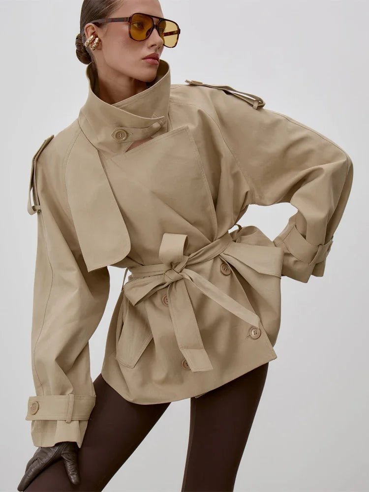 SOERA Sonia Lace Up Stand Collar Trenchcoat - Coats & Jackets - 1005011734952768-;Ni1773321573271304204 Beige S