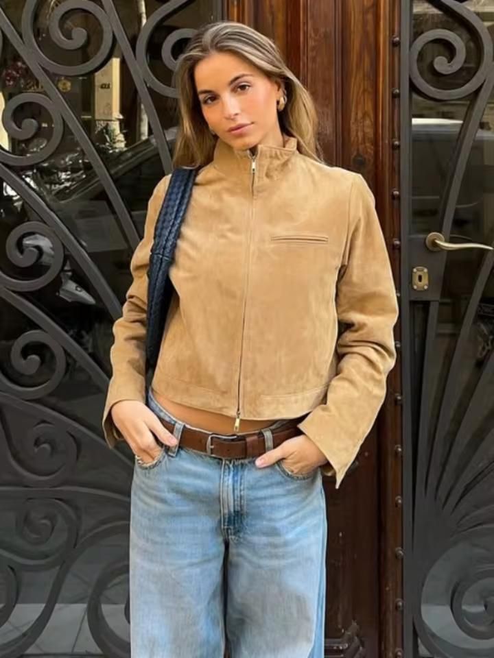 SOERA Yza Suede Cropped Bomber Jacket - Coats & Jackets - Vd1774004001185509345 Beige S