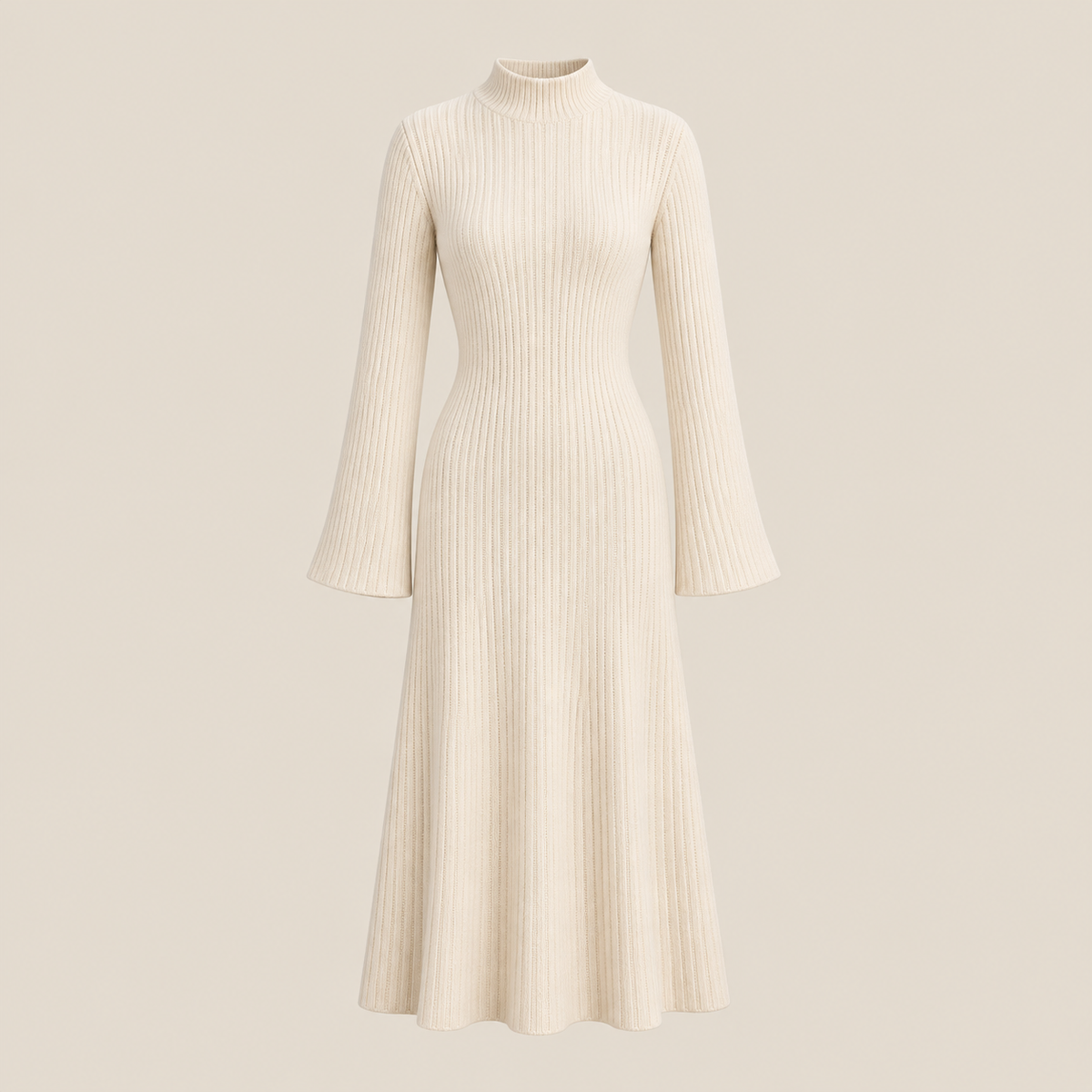 Ivory long-sleeve knit midi dress on a warm beige background