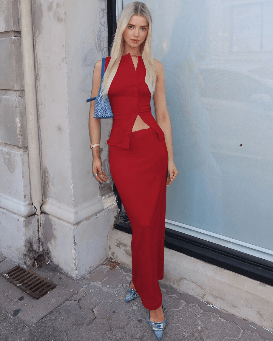 SOERA Beatrice Ribbed Single - Breasted Top & Maxi Skirt Set - Dress -  Red XS