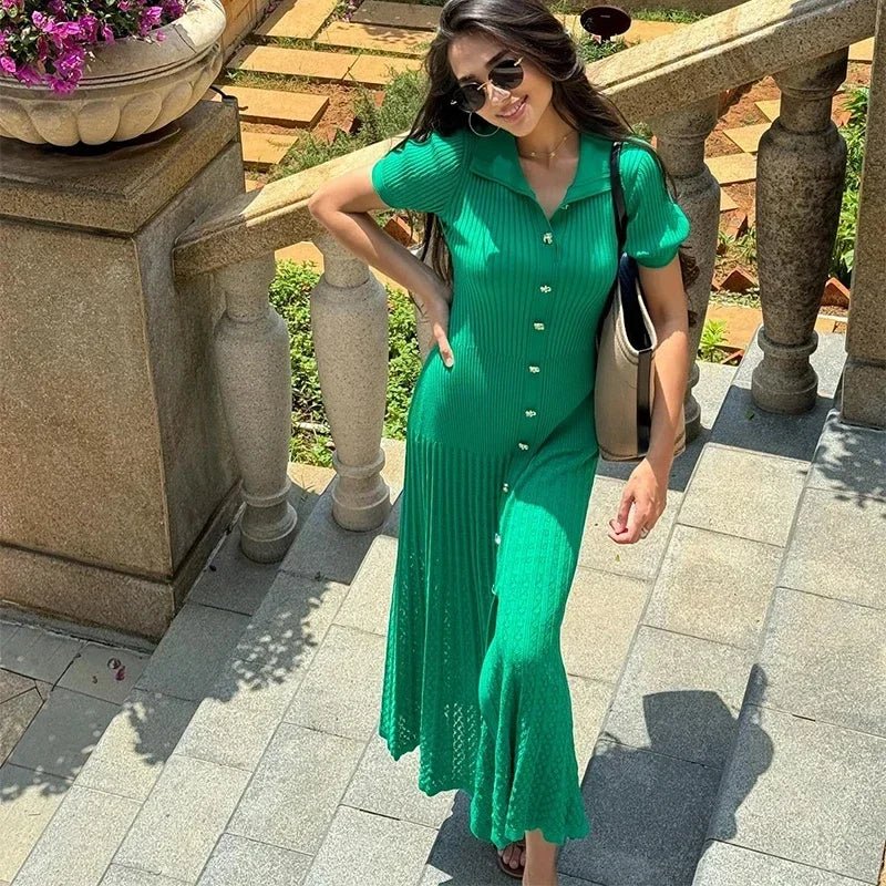 SOERA Beatrice Turn - Down Collar Knit Maxi Dress - Dress -  Green