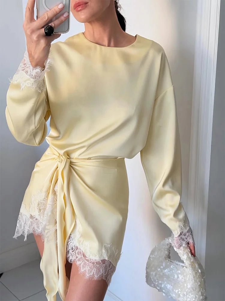 SOERA Celeste Lace Satin Tie - Detail Dress - Dress -  Yellow XS