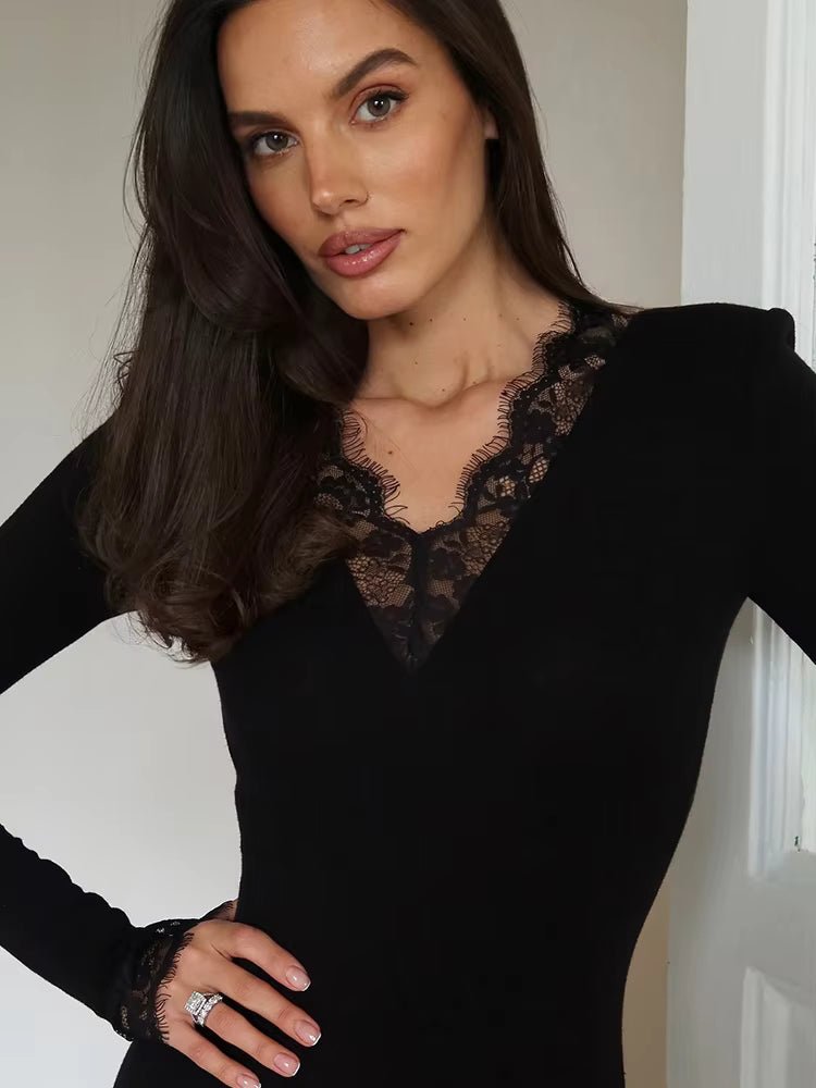 SOERA Nora Lace Trim Slim Long Sleeve Mini Dress - Dress - SOERA-578371-BLA-M-65795 Black M