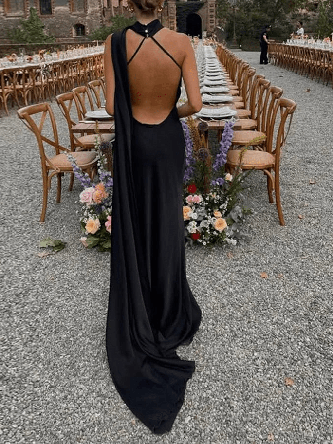 SOERA Raisa Satin Ribbon Backless Evening Gown - Dress -  Black S