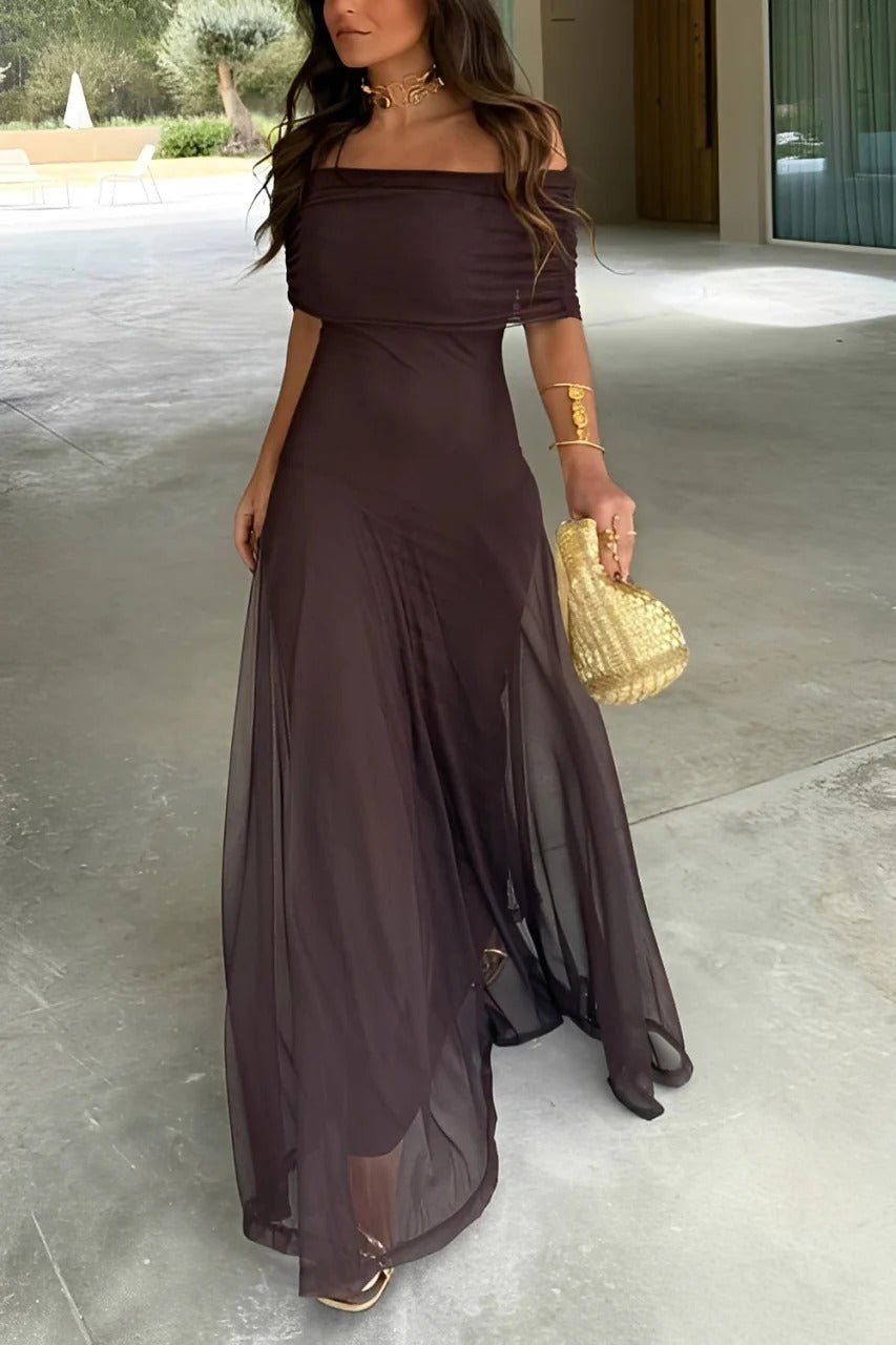 SOERA Sienna Off-Shoulder Ruched Maxi Dress - Dress - SOERA-616515-S-BROWN-71651 Brown S