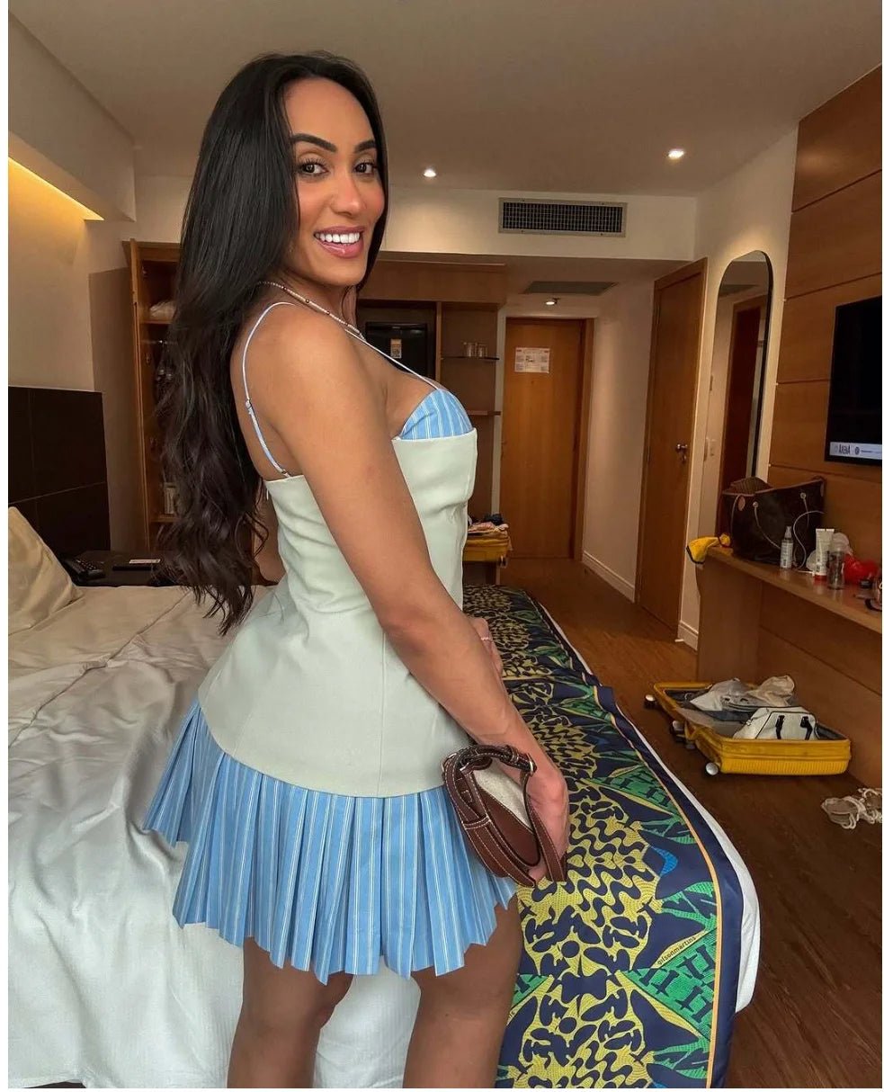 SOERA Trina Striped Pleated Corset Mini Dress - Dress - SOERA-657923-KHA-M-45603 Blue M