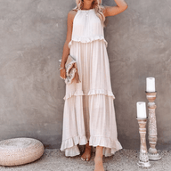 Celeste maxi strandjurk met rafelige zoom