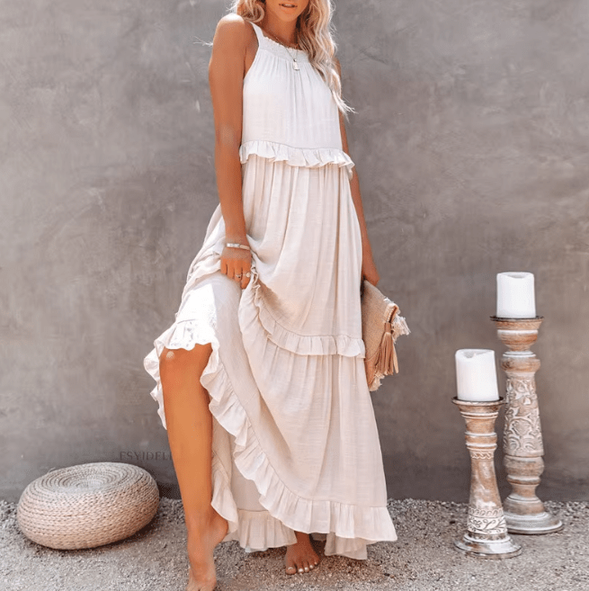 SOERA Celeste Ruffle Hem Beach Maxi Dress - Dresses - SOERA-774531-WHI-S-25699 Beige S