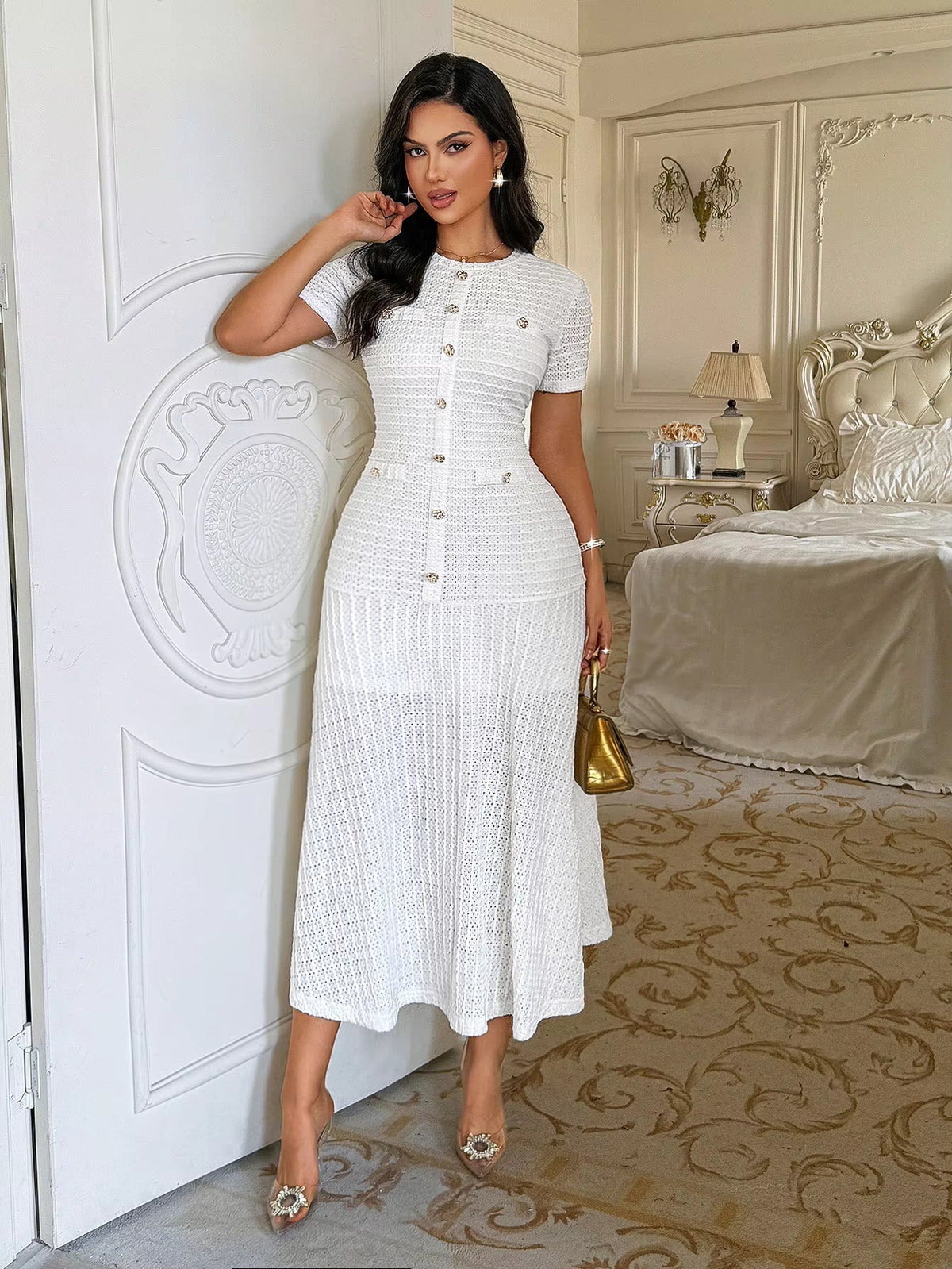 SOERA Clara Gold Button Retro Flared Midi Dress - Dresses - SOERA-672579-WHI-M-06659 White M