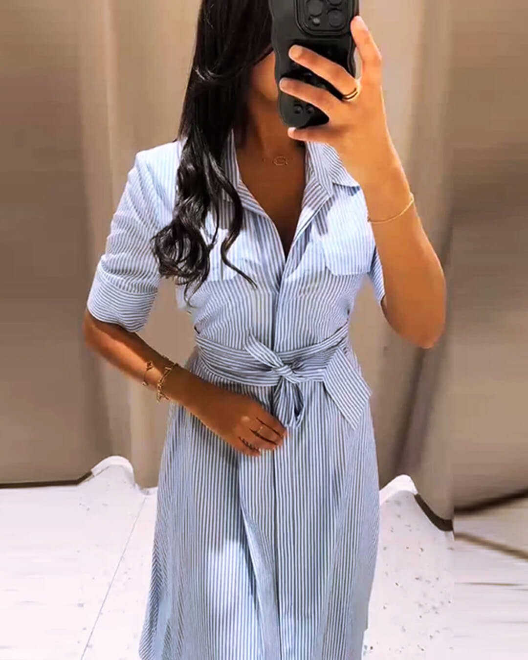 SOERA Katniss Striped Lace-Up Collar Maxi Dress - Dresses - SOERA-083779-BLU-S-58115 Blue S