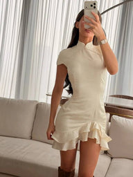 Robe Celeste en satin patchwork à col en dentelle