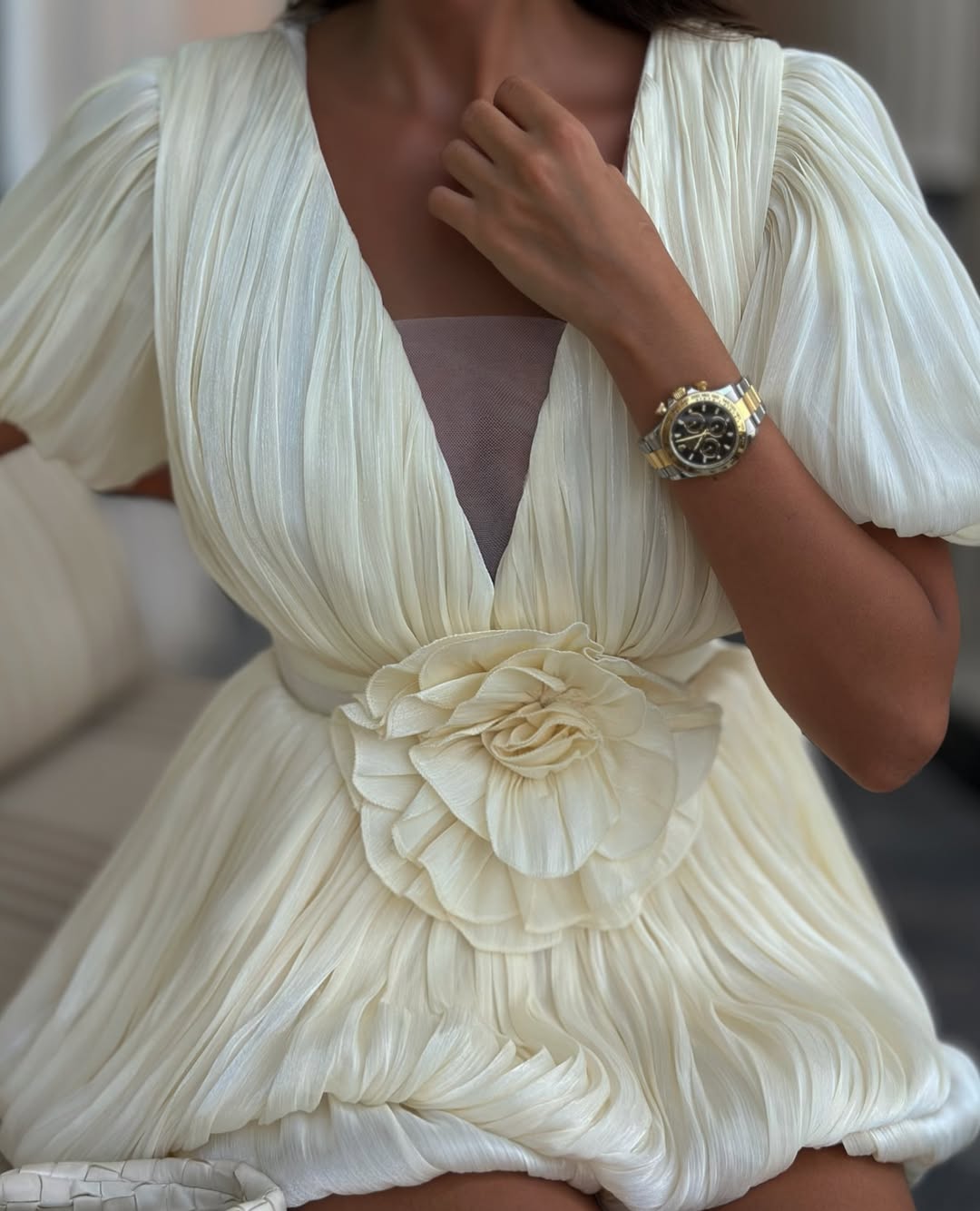 SOERA Rosette Puff Sleeve Bubble Hem Mini Dress - Dresses -  Ivory L