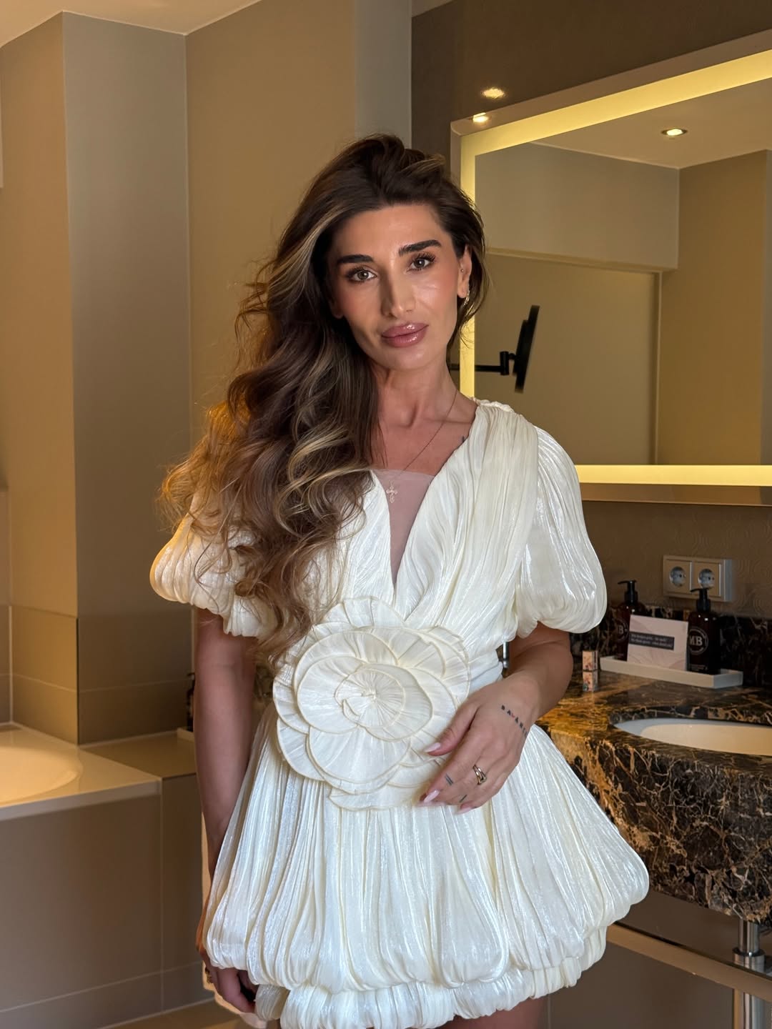 SOERA Rosette Puff Sleeve Bubble Hem Mini Dress - Dresses -  Ivory S