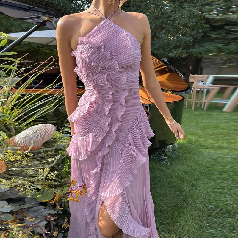 SOERA Ruffa Halter Strap Ruffled Tule Dress - Dresses - 1005009034201148-;yd1764062902536503925 Yellow L