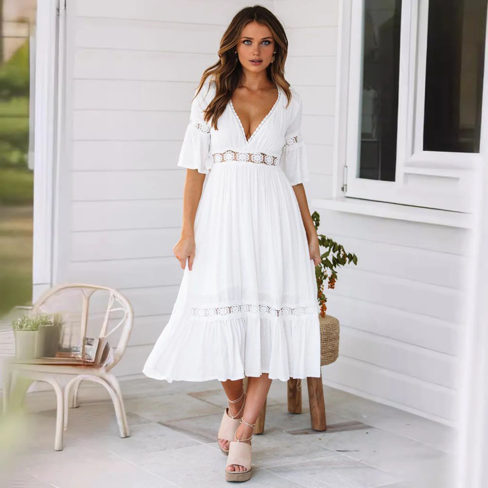 SOERA Winona Lace V - Neck Midi Dress - Dresses - 1005008576606072-;sW1776146840073149832 White XL