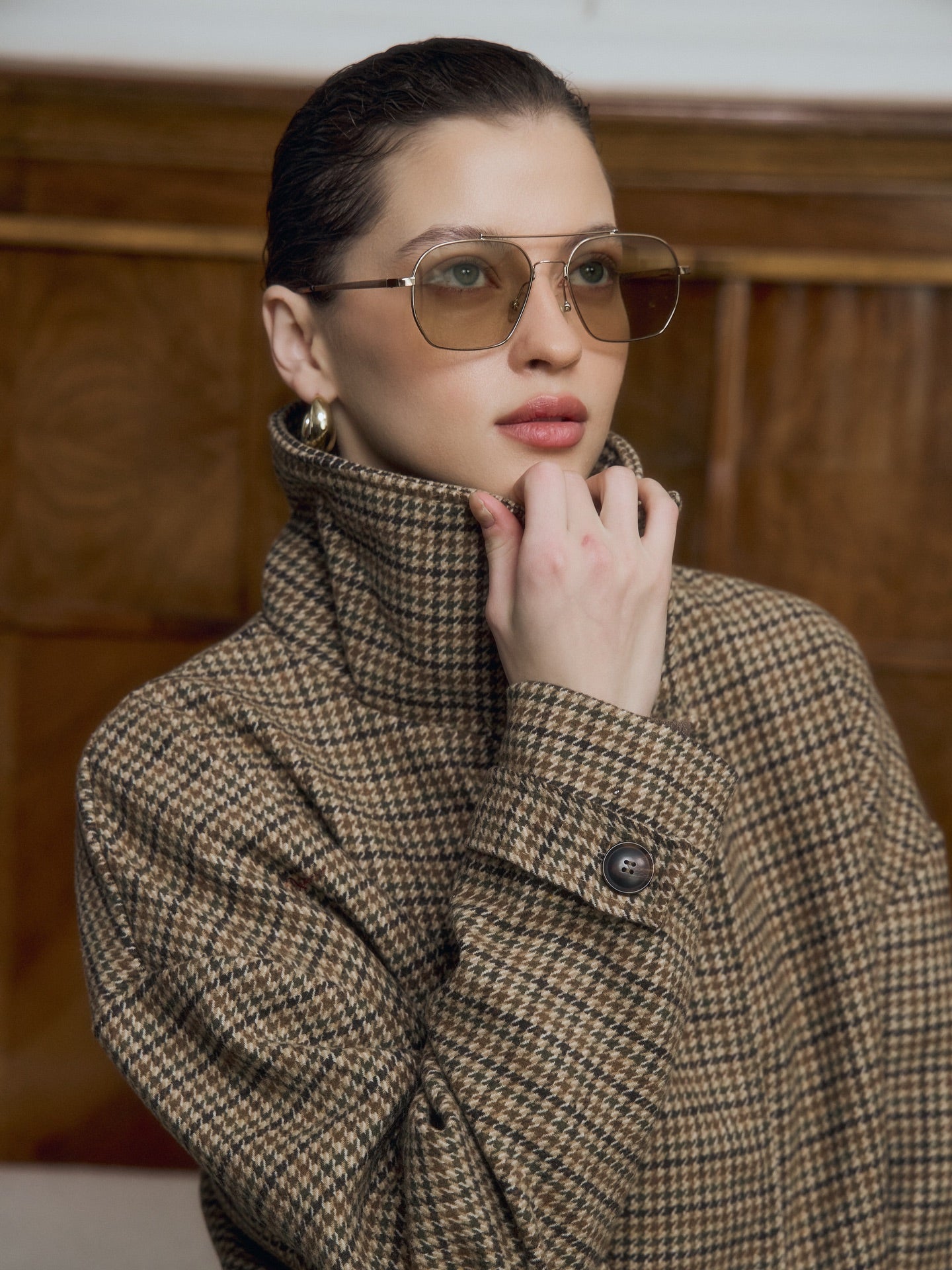 SOERA Ava Funnel Neck Houndstooth Short Jacket - Jackets - SOERA-100995-KHA-S-49347 S