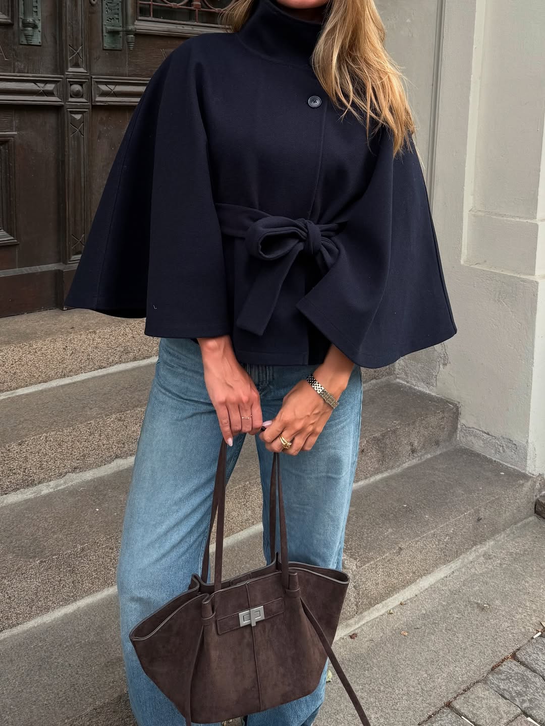 SOERA Gianna Elegant High - Neck Belted Cape Jacket - Jackets - jC1760544073334583336 Navy S