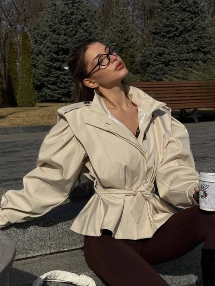 SOERA Leizel Lace Up Stand Collar Jacket - Jackets - hv1774532669740968971 White S