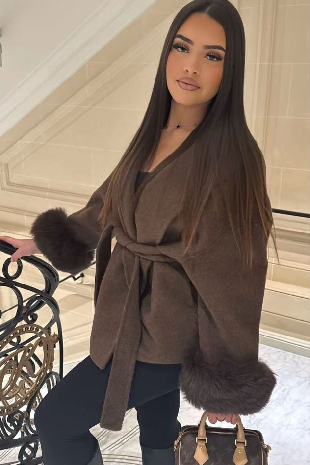 SOERA Wool Wrap Coat with Fox Fur Cuff - Jackets - 3256809512722732-;qu1766845283308300770 Short Coffee M