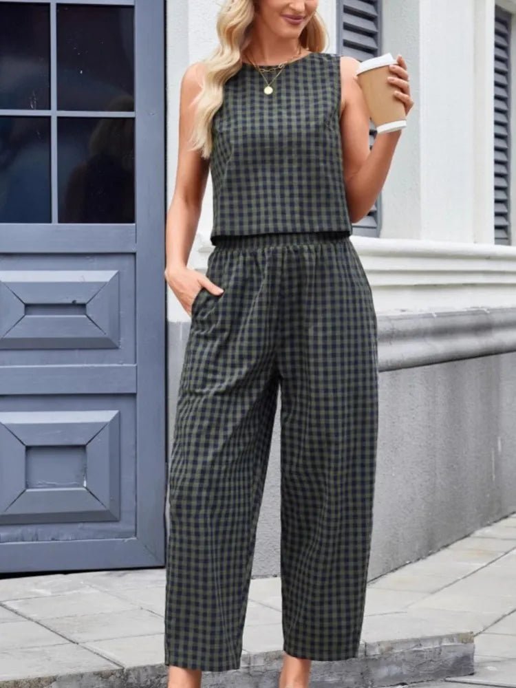SOERA Zara Plaid Sleeveless Vest Nine Point Pants Set - Jumpsuit -  Olive L