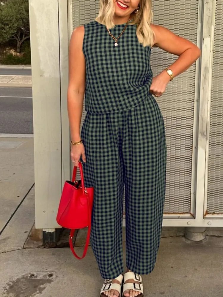 SOERA Zara Plaid Sleeveless Vest Nine Point Pants Set - Jumpsuits & Rompers -  Blue S