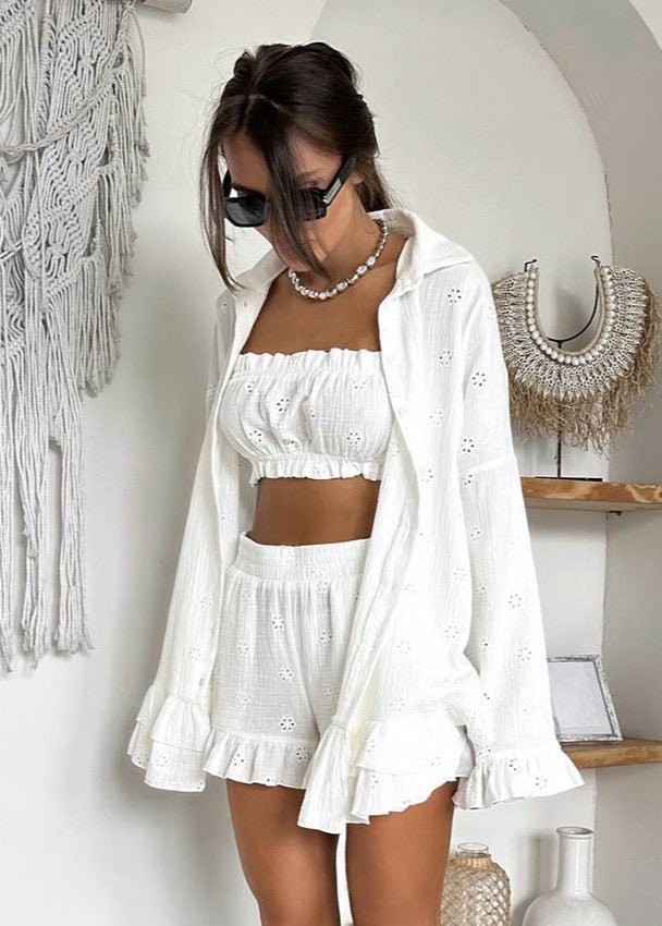 SOERA Beatrice Eyelet Ruffle Shorts Set - Matching Sets -  White 3 Piece Set M