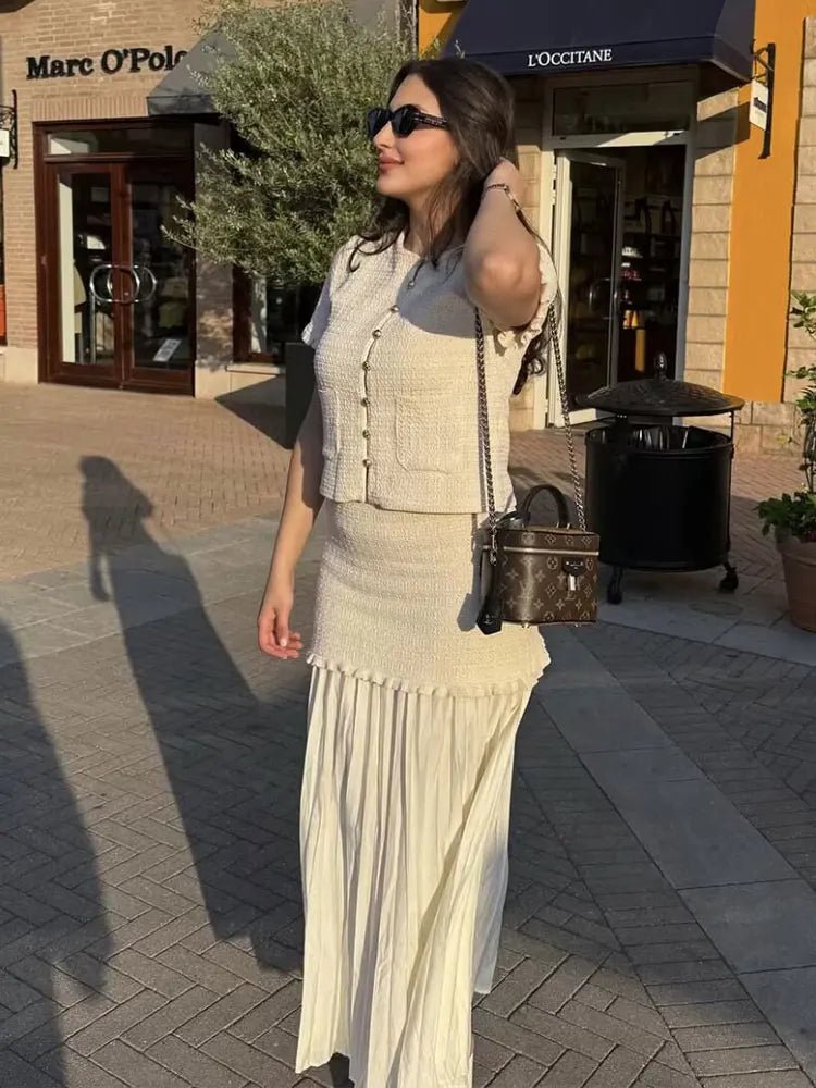 SOERA Beatrice Knitted Tank & Pleated Skirt Set - Matching Sets -  Beige Set L