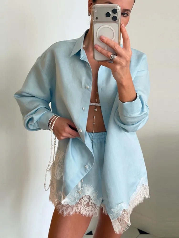 SOERA Celeste Lace Patchwork Beach Shirt Set - Matching Sets -  Blue S