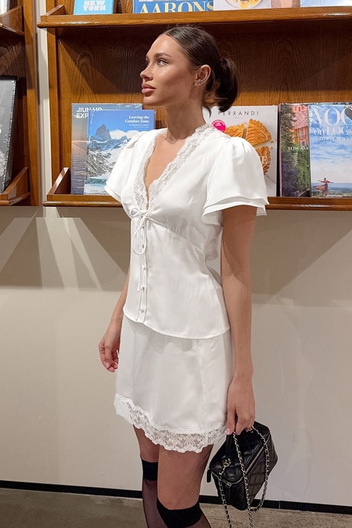 Zoe satijn kant V-hals ceintuur taille rokset