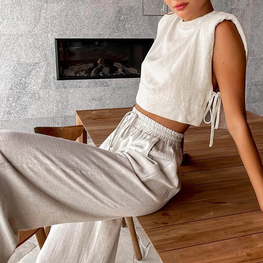 SOERA Delfina Linen Crop Top Two Piece Set - Matching Sets -  Beige S