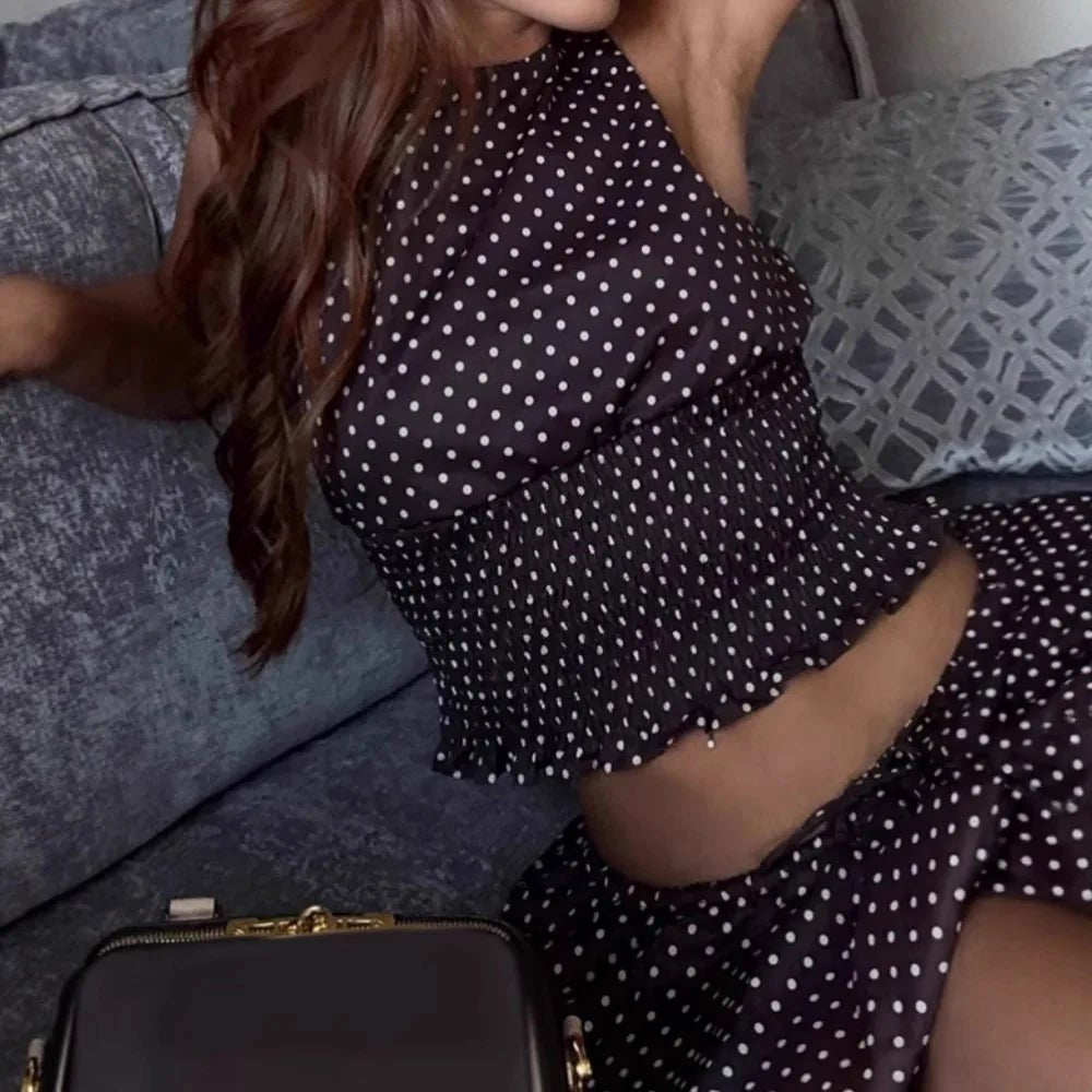SOERA Enora Polka Dot Backless Top Lantern Skirt Set - Matching Sets -  Brown S