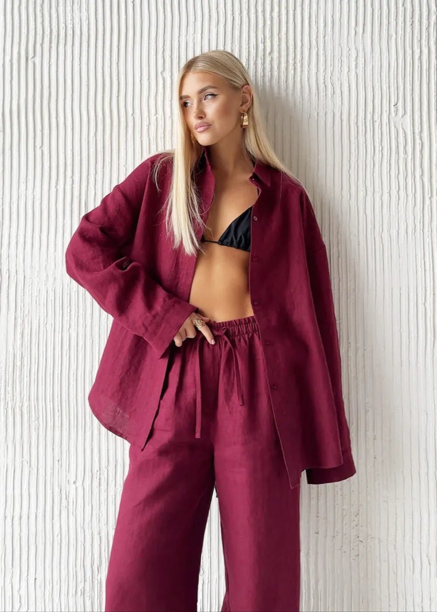 SOERA Bianca Relaxed Cotton Shirt & Wide-Leg Pants Set - Pants -  Burgundy L