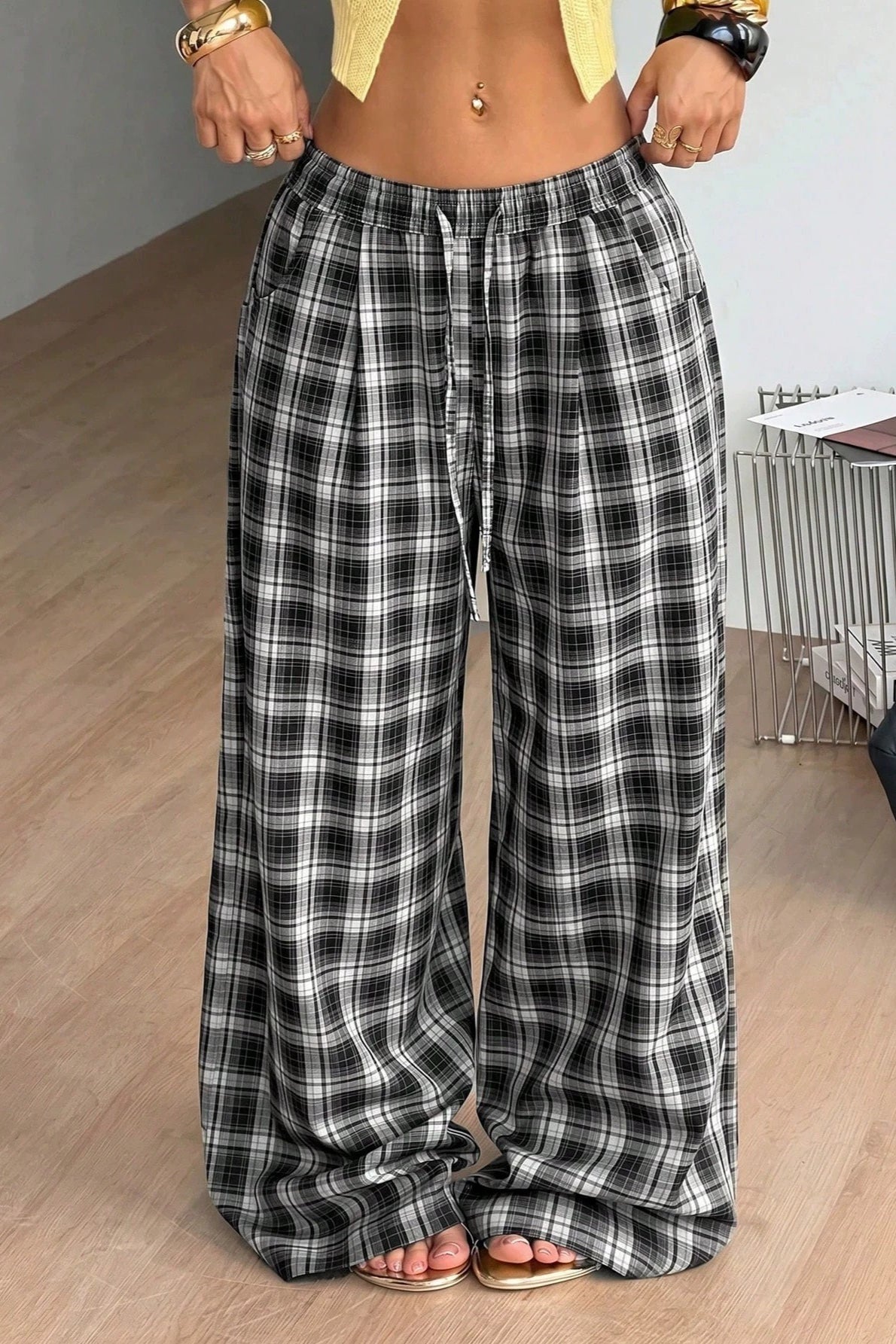 SOERA Lola Drawstring Wide Leg Plaid Pant - Pants - SOERA-447299-BLA-S-77123 Black S