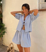 Ensemble à carreaux bleus épaules bouffantes Juliet