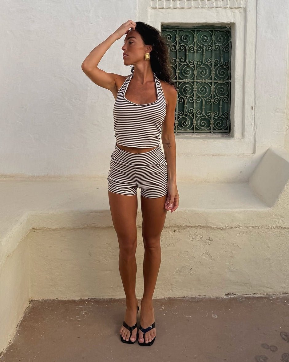 SOERA Sienna Striped Halter Tank and Shorts Set - Shorts Set - SOERA-202691-BRO-L-92259 Brown L