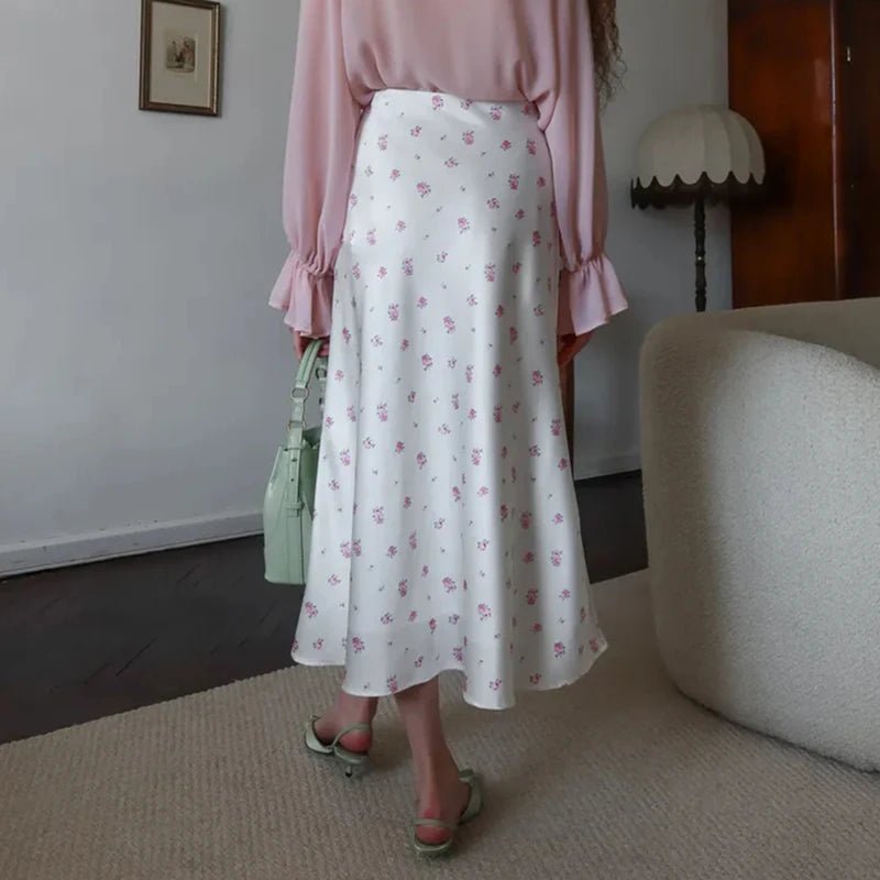 SOERA Bianca High Waist Satin Printed Midi Skirt - Skirt -  White S
