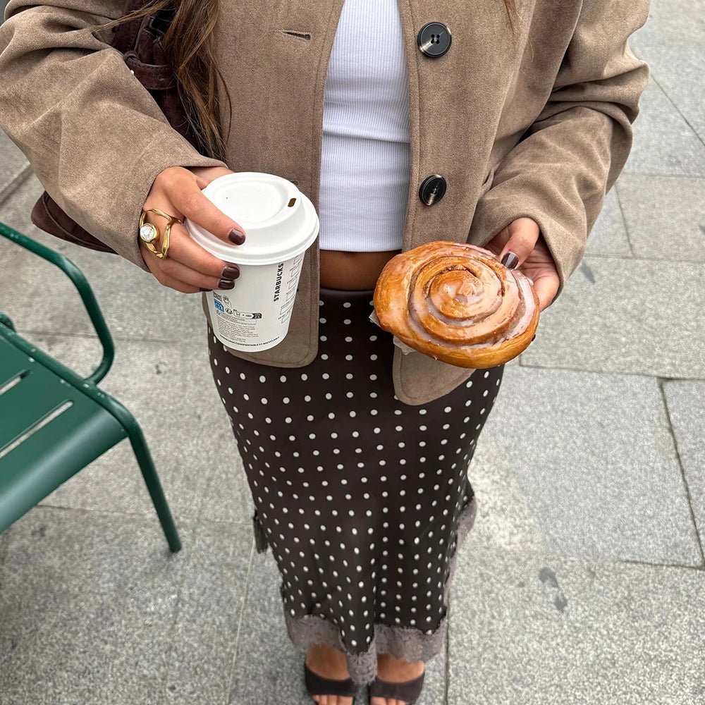 SOERA Hadley Polka Dot Lace Trim Midi Skirt - Skirts - 1005010113115005-;xz1774012026567630465 Brown M