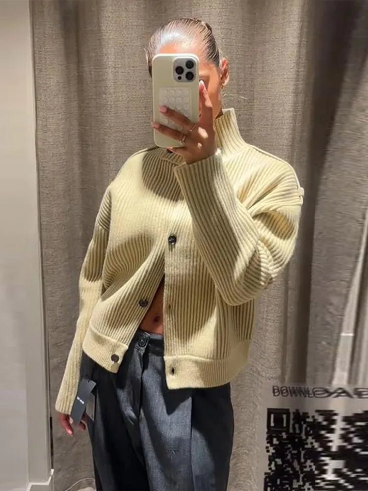 SOERA Sandra Stand Collar Knitted Cardigan - Sweaters & Cardigans - GV1764875723418922223 Beige XS