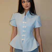 Bianca Knot Button Stand Collar Top