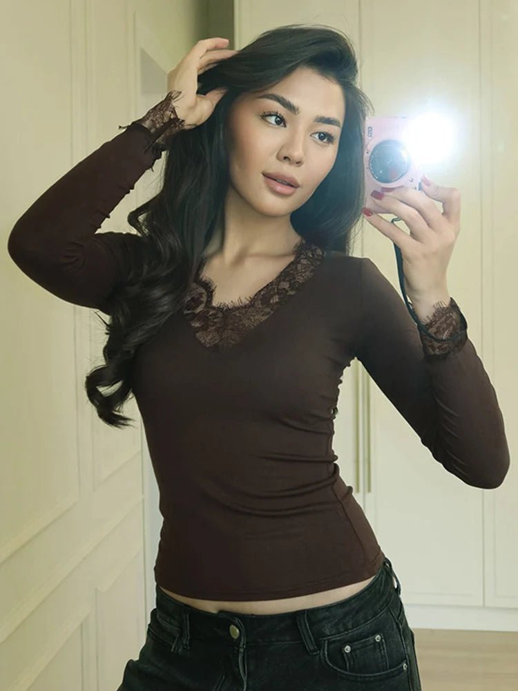 SOERA Miriam Lace V-Neck Casual Top - Top - SOERA-547907-BRO-M-07747 Brown M