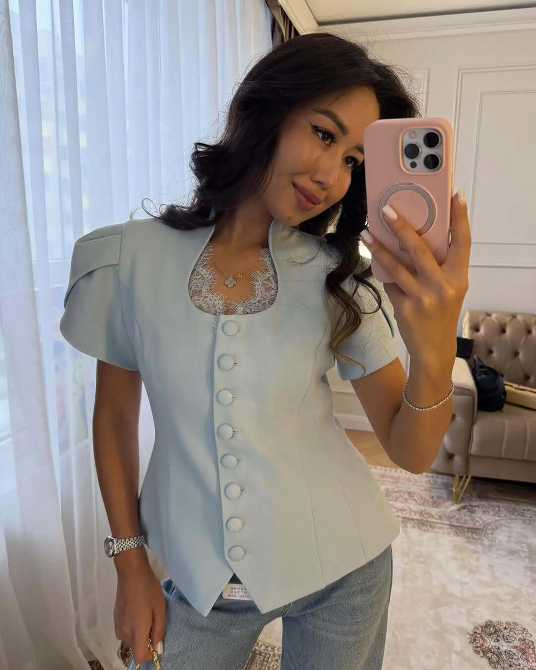 SOERA Bianca Button Front Stand Collar Top - Tops -  Blue M