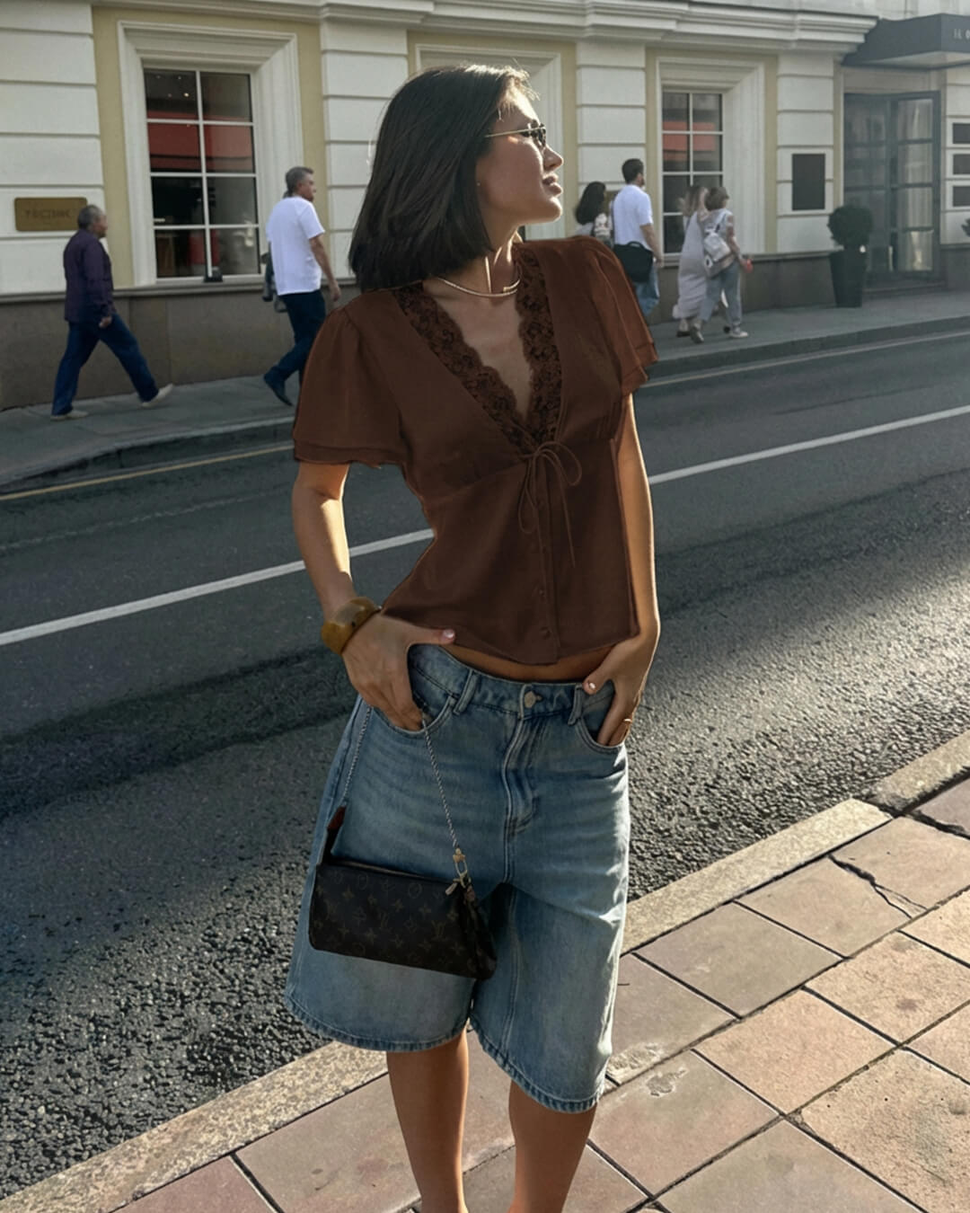 SOERA Rosette Lace Short Sleeve V - Neck Top - Tops - 1005009525072997-;fN1769414230041358050 Brown M