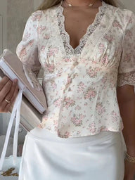 Seren Satijnen Print Kant V-Hals Pofmouw Blouse